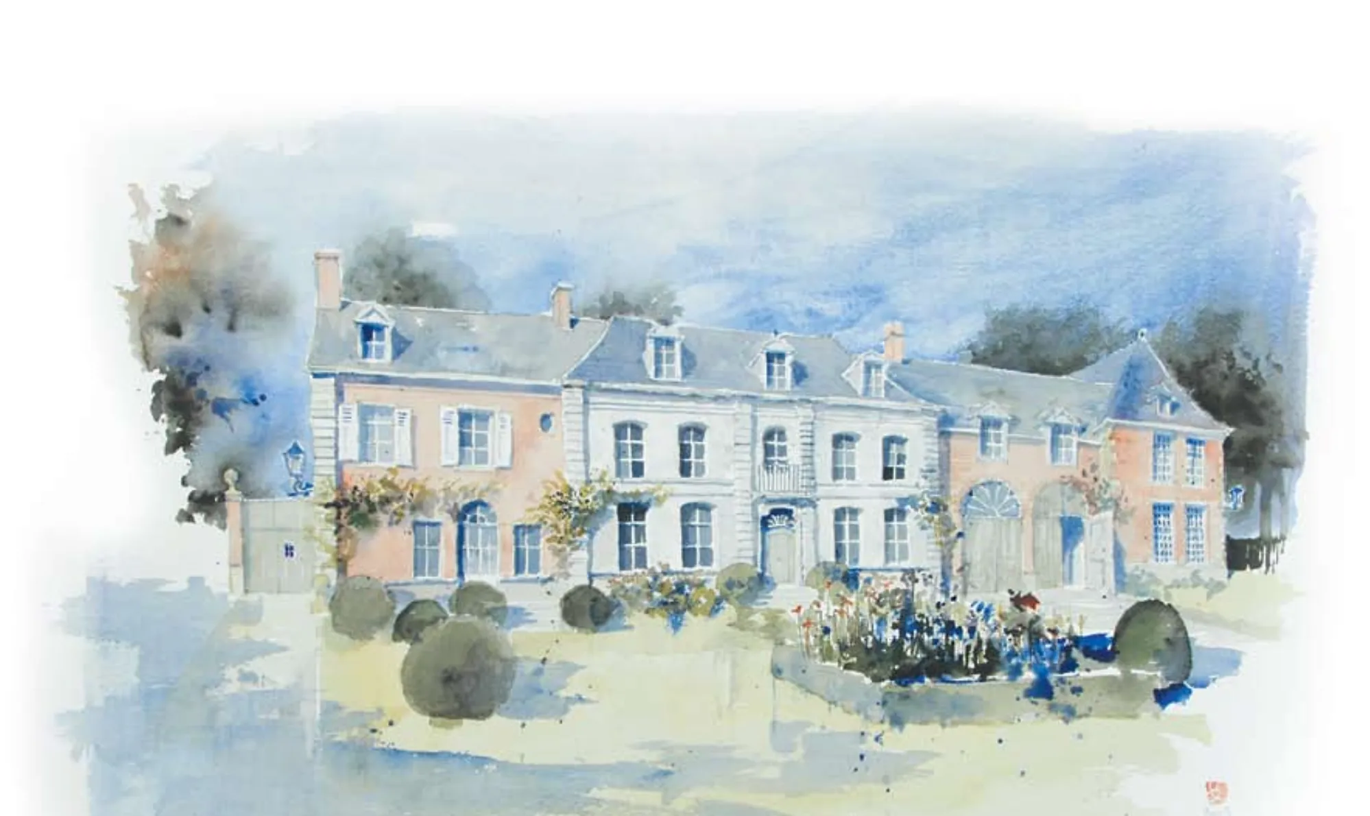 Aquarel van Project Balmoral in Brasschaat, een herenhuis met klassieke gevel en tuin